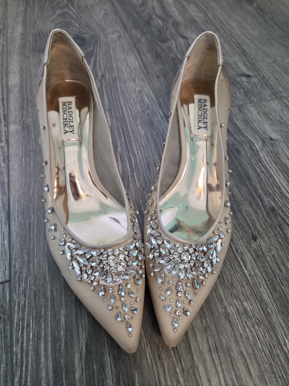 Badgley Mischka Champagne Crystal Embellished Pointed Toe Pumps
